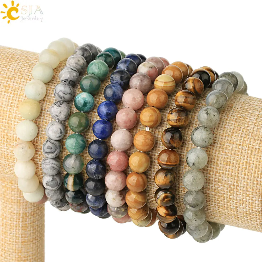 CSJA Wholesale Natural 8mm Amethyst Agate Stone Quartz Healing Crystal Stretch Beaded Bracelet for Women Girl Men G432