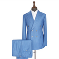 Blue Striped Suit Point Collar Double Breasted Wedding Banquet Slim Two Piece (Coat + Pants)