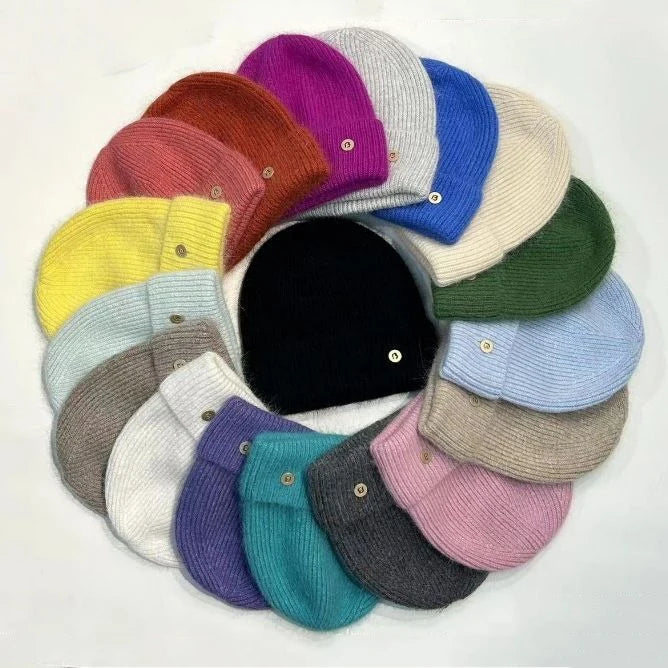2025 Lady Winter Hat New Thickened Warm Beanies Hats Rabbit Hair Knitted Hat With Metal Logo