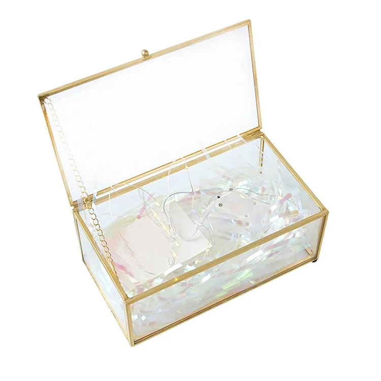 Open Lid Jewelry Ring Box Glass Jewelry Box Rectangular Transparent Small Jewelry Storage Box with Golden Rim and Lid