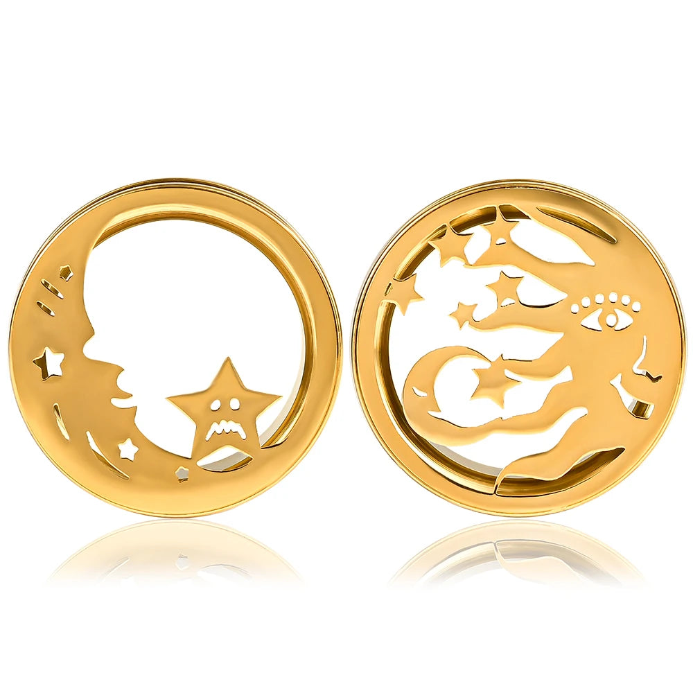 Evorte New Style Ear Piercing Tunnel Ear Plugs Stretching Gauges 316L Gold Plated Moon and Star Body Piercing Jewelry Wholesale