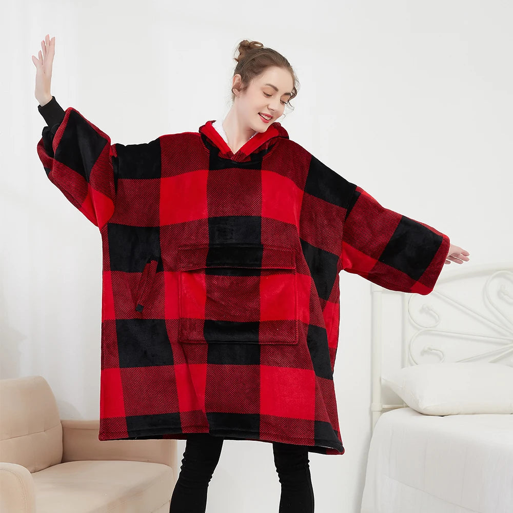 Customized Accepted Plaid Fleece Wearable Sweatshirt Warm Throw Pull Over Hoodie Blanket Women's Hoodies & Sweatshirts