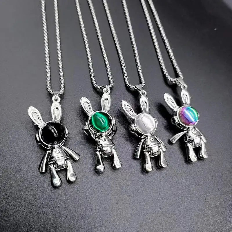Fashion Stainless Steel Astronaut Rabbit Pendant Necklace Rotatable Mechanical Spaceman Bunny Stainless Steel Necklace