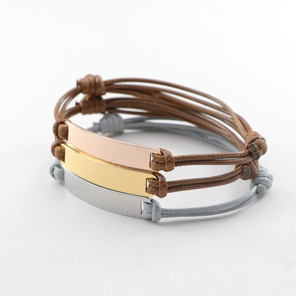 Qiuhan Stainless Steel Engraving Personalized ID Logo Rectangular Stamping Custom Blanks Bar Charm Macrame Bracelets