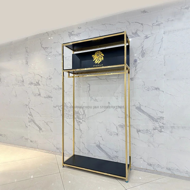 Retail Elegant Commercial Garment Rack Custom Logo Golden Clothing Rack for Boutique Clothes Shop