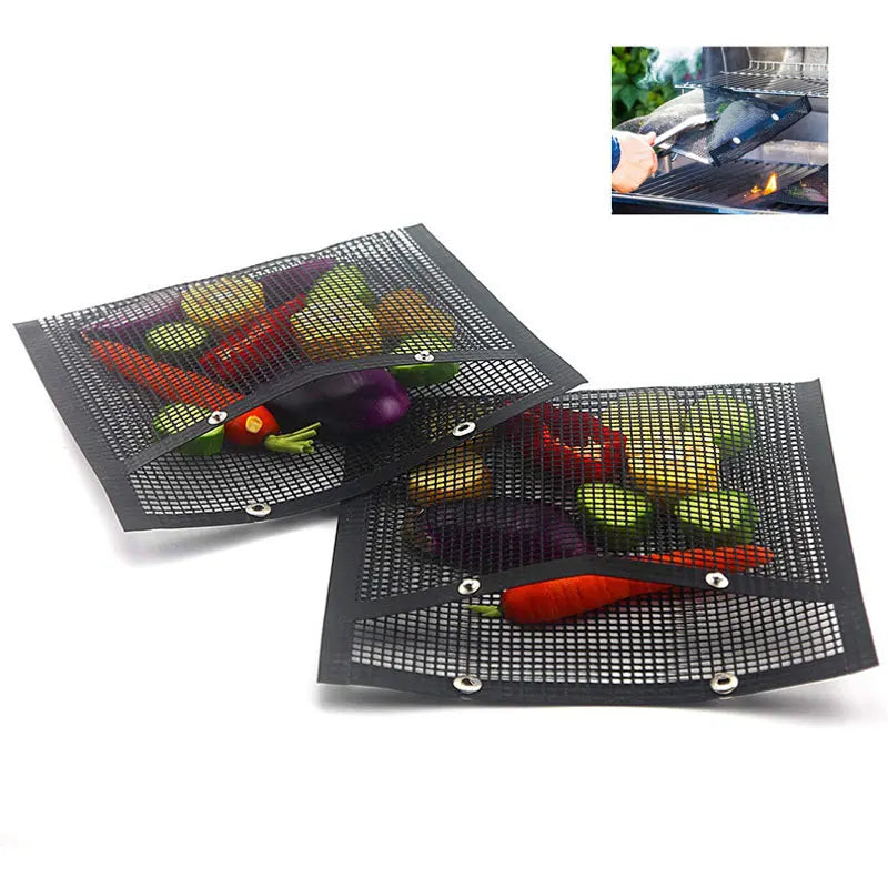 BBQ Mesh Grill Bags Non-Stick Grilling Mat Reusable Portable Barbecue Rack Baking Pad Heat-Resistant Outdoor Camping Accessories