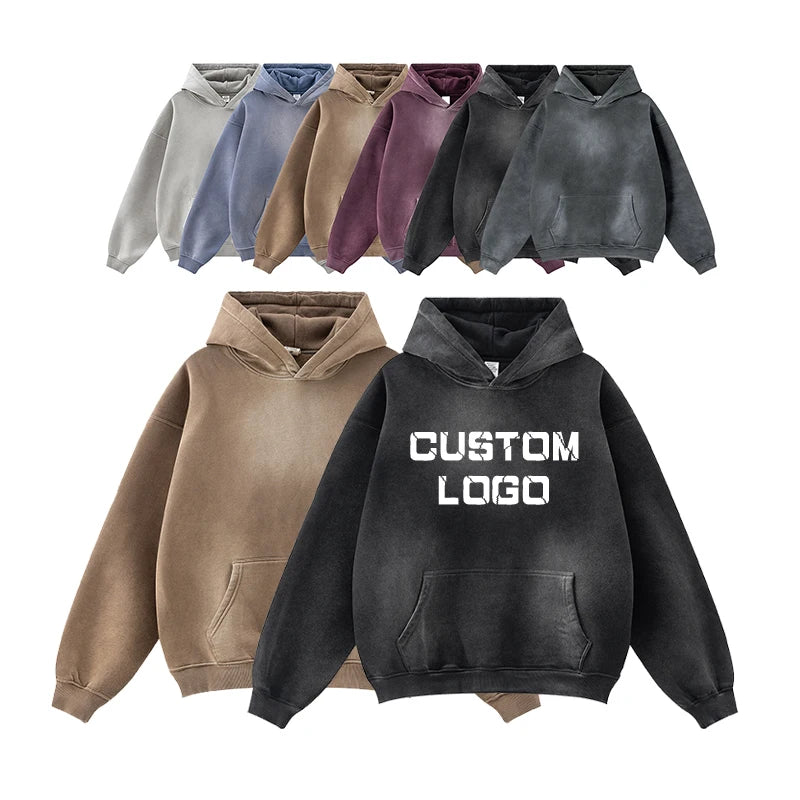 Sweatshirts Custom New Luxury Designer Autumn Winter Solid Color Blank Thick 332g Dyed Retro Oversize Cotton Men's Hoodies