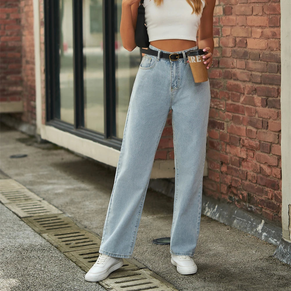 Autumn Casual Breathable Light Wash Five Pockets Mid Waist Long Straight Denim Jeans with Butterfly Pattern Print for Ladies