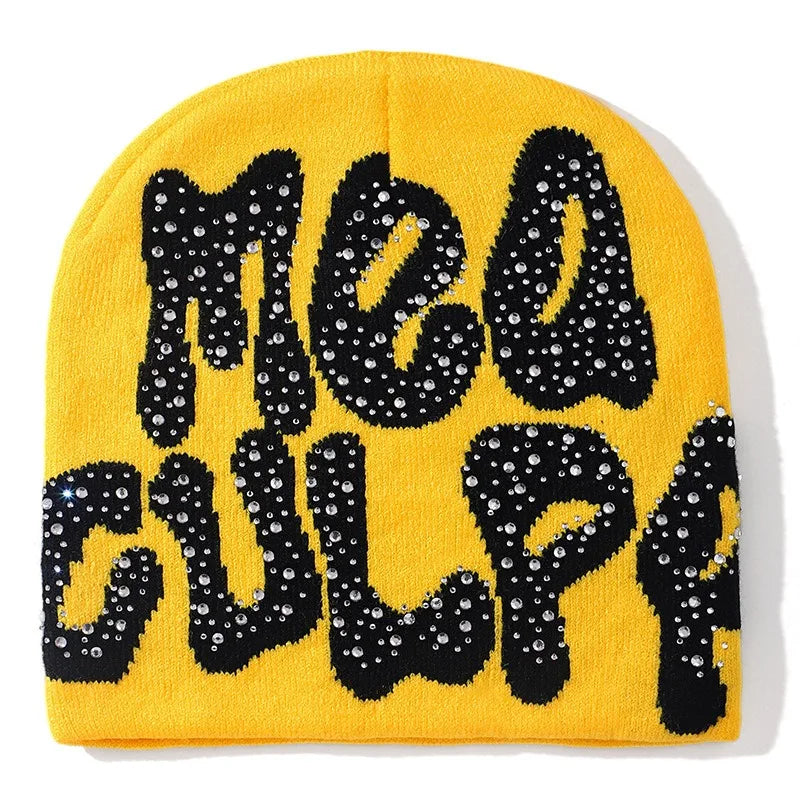 Men Women Letter Jacquard Beanie With Rhinestone Crochet Winter Acrylic Knit Ski Beanie Slouchy Caps Hat