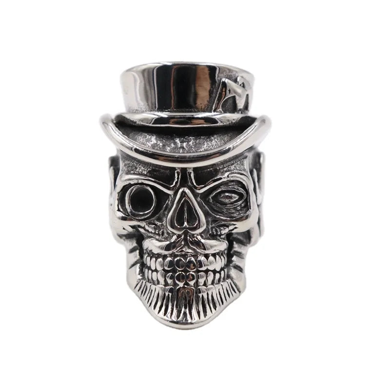 Fashion Jewelry Punk Hip Hop Magician Gentleman Gothic Skull Rings Stainless Steel Hat Ghost Head Man Ring