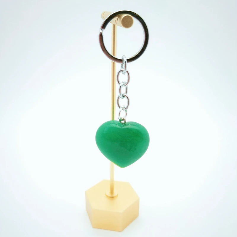 Huiying Promotional charm green aventurine jade keychains necklace heart shape with gold plat alloy keyring
