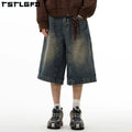 Vintage 100%cotton Cargo Shorts Custom Logo Print Hip Hop Vintage Washed Spliced Denim Jorts Men Double Knee Denim Baggy Shorts