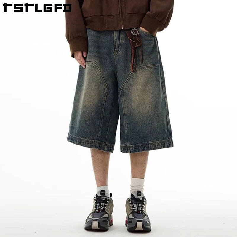 Vintage 100%cotton Cargo Shorts Custom Logo Print Hip Hop Vintage Washed Spliced Denim Jorts Men Double Knee Denim Baggy Shorts