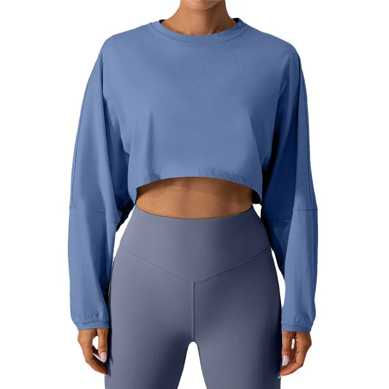 P701 Wholesale Cotton Fitness Sports Pullover Women Leisure Loose Long Sleeve Crop Top Pump Cover