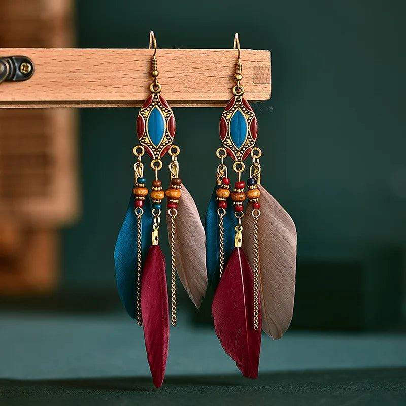 Original Design Vintage Boho Vacation Long Earrings Exotic Ethnic Antique Alloy Chain Tassel Feather Dangle Earrings Gift Women
