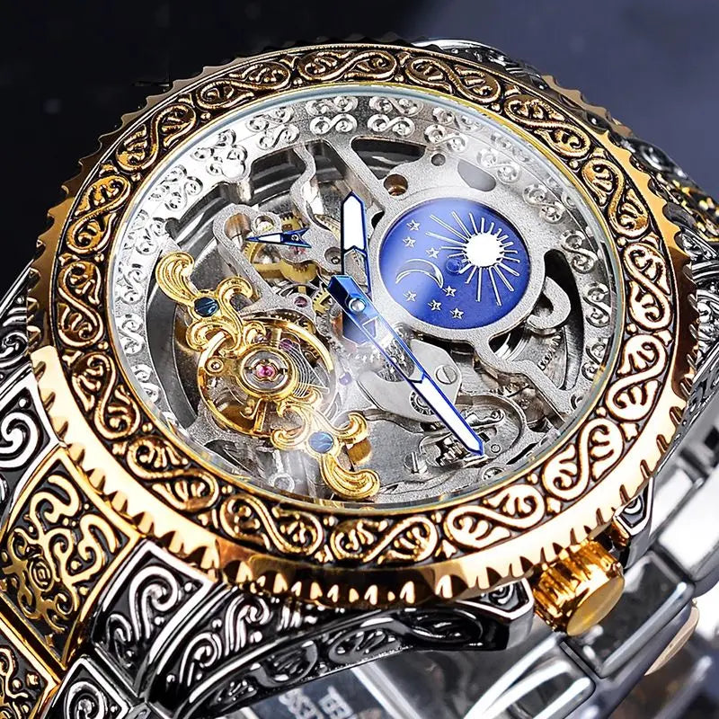FORSINING GMT1220 Top Brand Luxury Engraved Vintage Moon Phase Steel Strap Tourbillon Watch for Men Mechanical Skeleton Watches