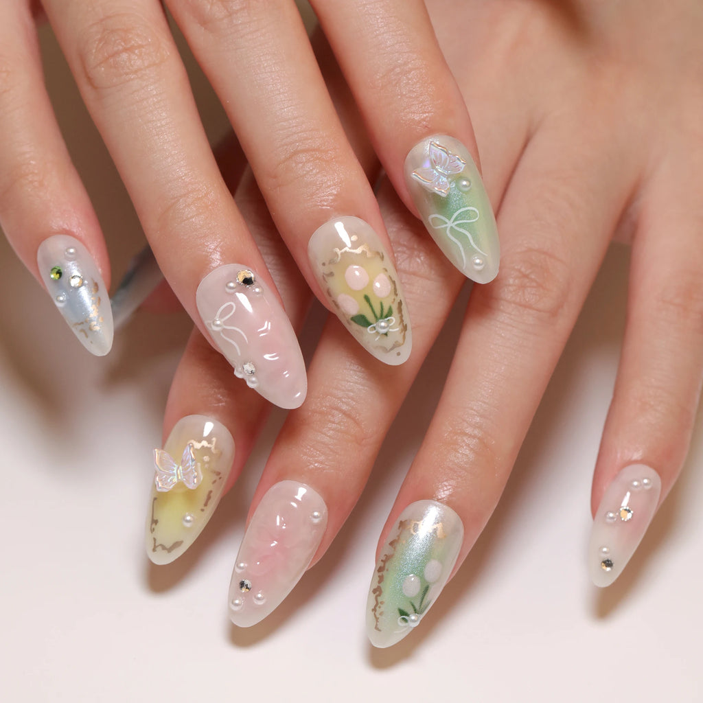 24 Pcs 3D Summer Fresh Floral butterfly OmbrÃ© Short Almond-shaped Press on Nails Artificial Fingernails 3400