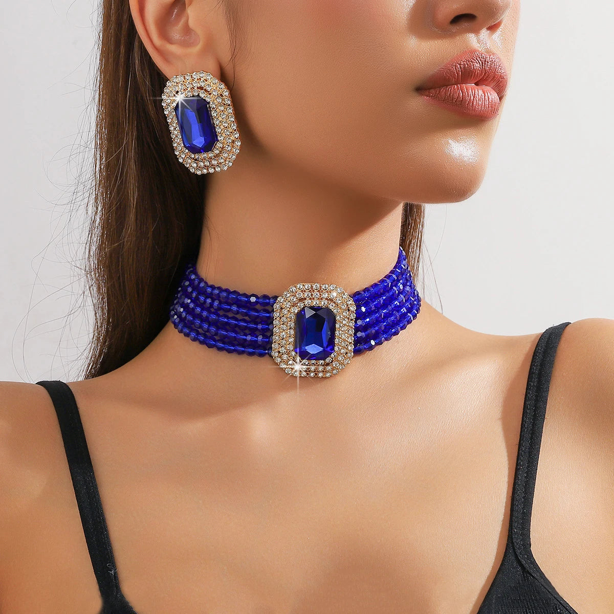Personalized Luxury Multi-layer Crystal Glass Geometric Large Rectangular Necklaces Earrings Fashion Exaggerated Jewelry Set