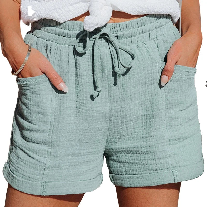 RTS Summer Wear Linen and Cotton Women Drawstring Shorts Breathable Wide Pant