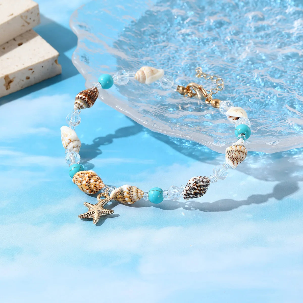Handmade Boho Blue Beaded Starfish Bracelet for Women Summer Charm Woven Adjustable Friendship Beach Jewelry Cute for Girls