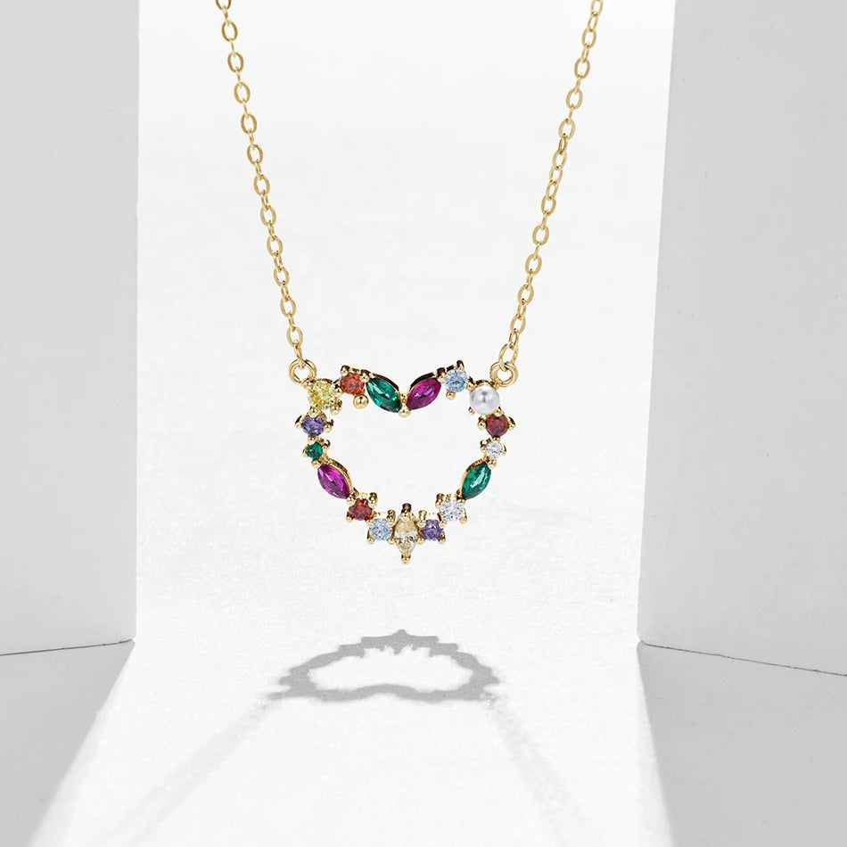 Nagosa Original Design 925 Sterling Silver Jewelry Gold Vermeil rainbow Zirconia Heart Necklace