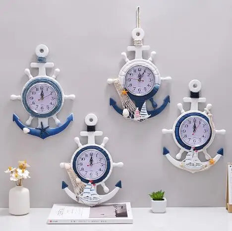 Mediterranean Style Blue and White Rudder Hand Anchor Creative Wall Clock Clock Electronic Watch Decoration Nautical Clock