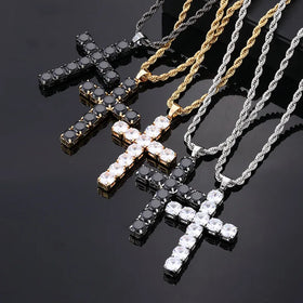 Hip Hop Black CZ Zircon Cross Necklace Stainless Steel Chain Religious Shining Cross Pendants Necklace