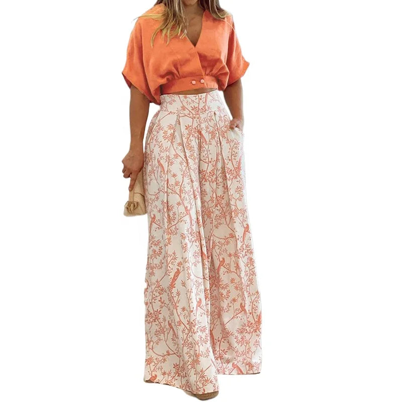Liu Ming Fashion Women Elegant Suits Printed V Neck Tops Casual Loose Wide Leg Trousers Sets