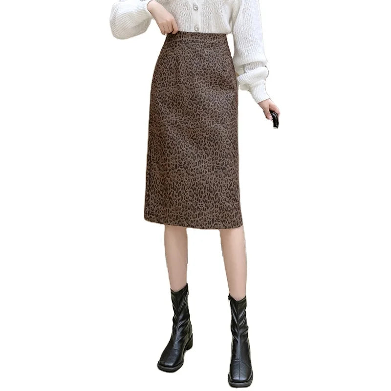 New Autumn Winter Leopard Printed Woolen Women Skirts Vintage Back Split High Waist A-Line Wrap Midi Skirts Female Long Skirt
