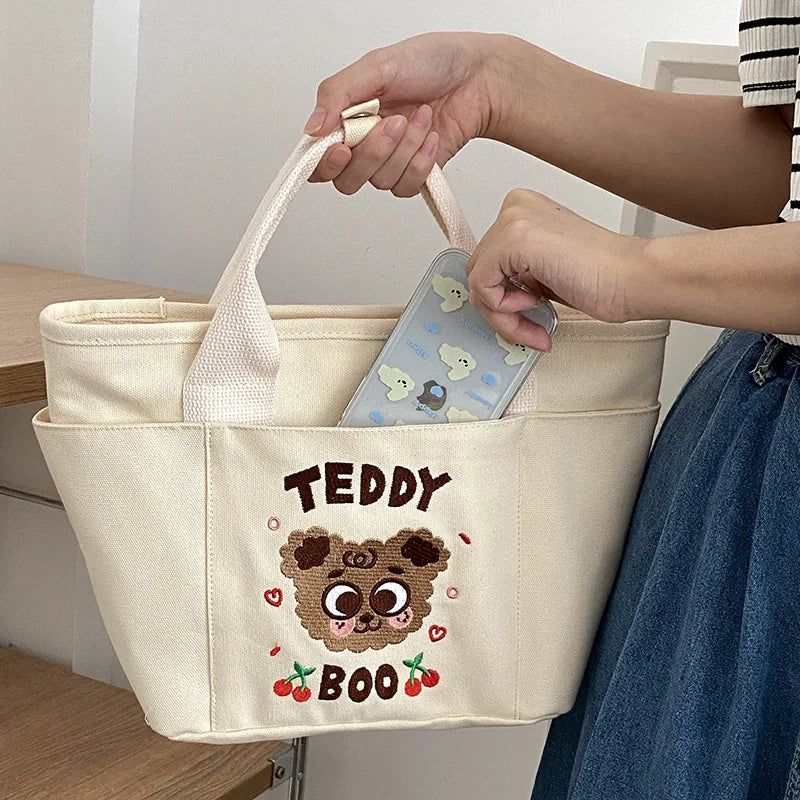 YIMYIK Student Female Popular Hot Sale Handbag Women Girls Eco Large Canvas Lunch Bag New Cartoon Cute Bear Canvas Shopping Bag