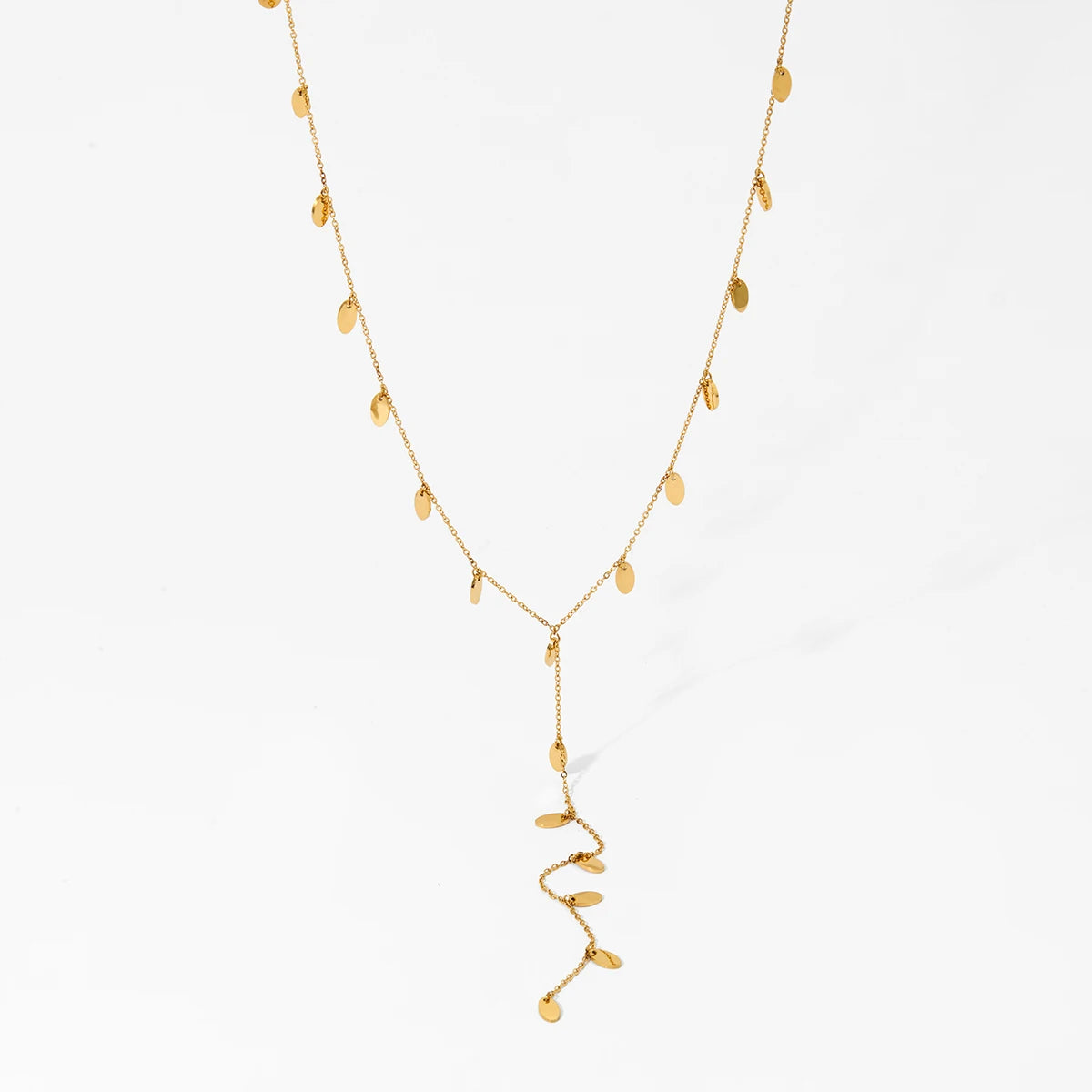 Clioro Women's Trendy Y-Shape Stainless Steel Necklace with Gold Plated Waterproof Oval Disc Shaped Pendant