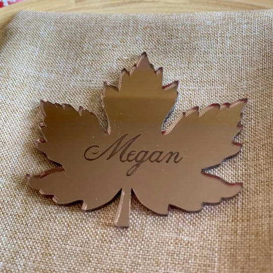 Diy Creative Leaf Shape Acrylic Name Tag Custom Logo Gold Mirror Acrylic Labels Luxury Wedding Party Acrylic Tags
