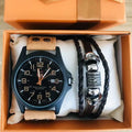 Latest Casual 2pcs Sports Pointer Scale Calendar Luminous Leather Strap Men's Watch Bracelet Set