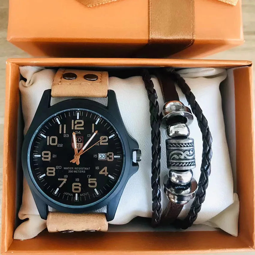 Latest Casual 2pcs Sports Pointer Scale Calendar Luminous Leather Strap Men's Watch Bracelet Set