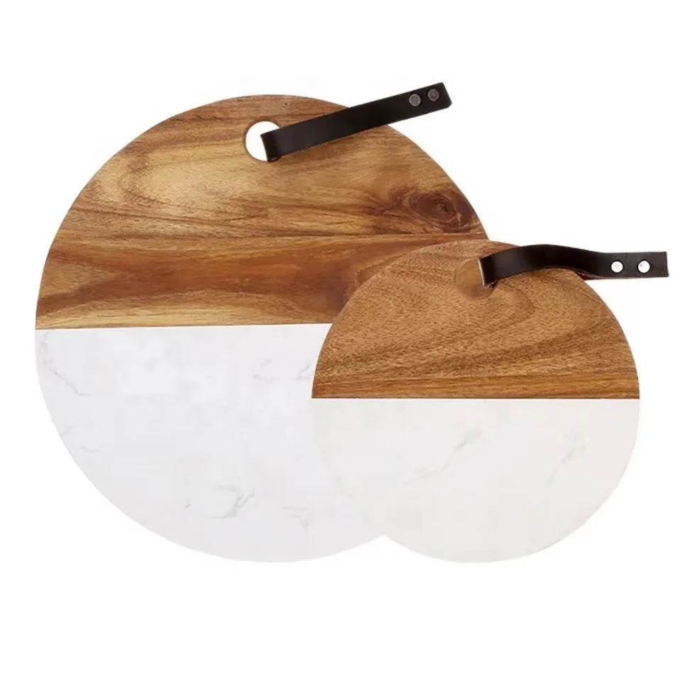 Round Acacia Wood White Marble Decorative Charcuterie Board Cheese Server Cutting Display Chopping Board