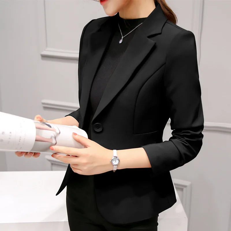 RNSHANGER Black Women's Blazer Autumn Female Pocket Long Sleeve Solid Color Korean OL Workwear Business Ladies Blazer