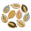 Waterproof 18K PVD Gold Plated Stainless Steel Oval Enamel Virgin Mary Necklace Pendants Charms for Religious Jewelry Making