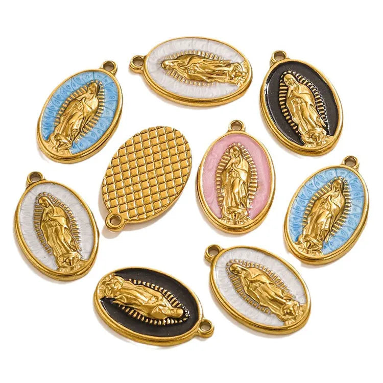 Waterproof 18K PVD Gold Plated Stainless Steel Oval Enamel Virgin Mary Necklace Pendants Charms for Religious Jewelry Making