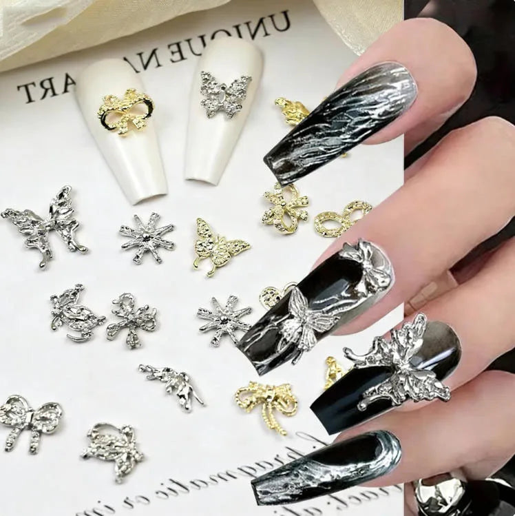 50pcs Mixed Silver Metal Nail Charms 3D Y2K Butterfly Bow Crown & More Designs Nail Art Accessories for Acrylic Nails Supplies