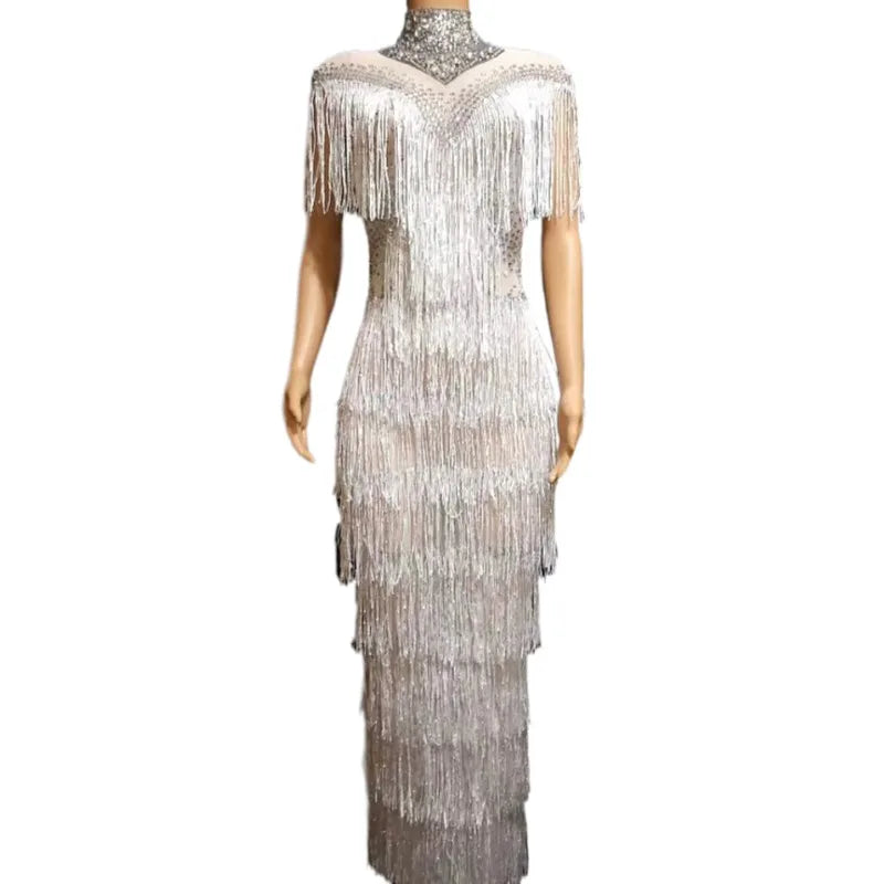 Sexy White Rhinestone Tassel Club Prom Long Dresses Women Bodycon Maxi Evening Gown Bridesmaid Wedding Party Dress Plus Size