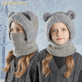 Winter Cartoon Cute Bear Ear Warm Knitted Caps Mask Scarf Balaclava Children Kids Thickened Plush Hat Neck Scarves