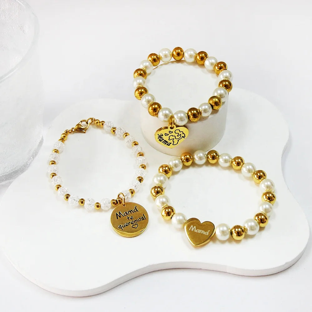 OEM/ODM Design PVD18K Gold Stainless Steel Bracelet Pearl Charm Custom Logo Letter Fashion Chain Link Jewelry for Mother's Day