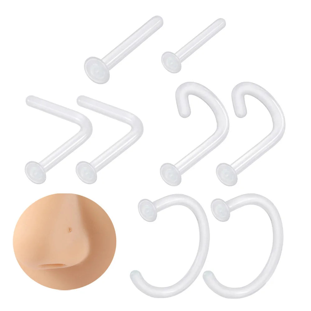 Women Glass clear Tongue Pin Corkscrew Bone Nose Ring Pin Hypoallergenic Gauge 1 1.2 & 1.6mm