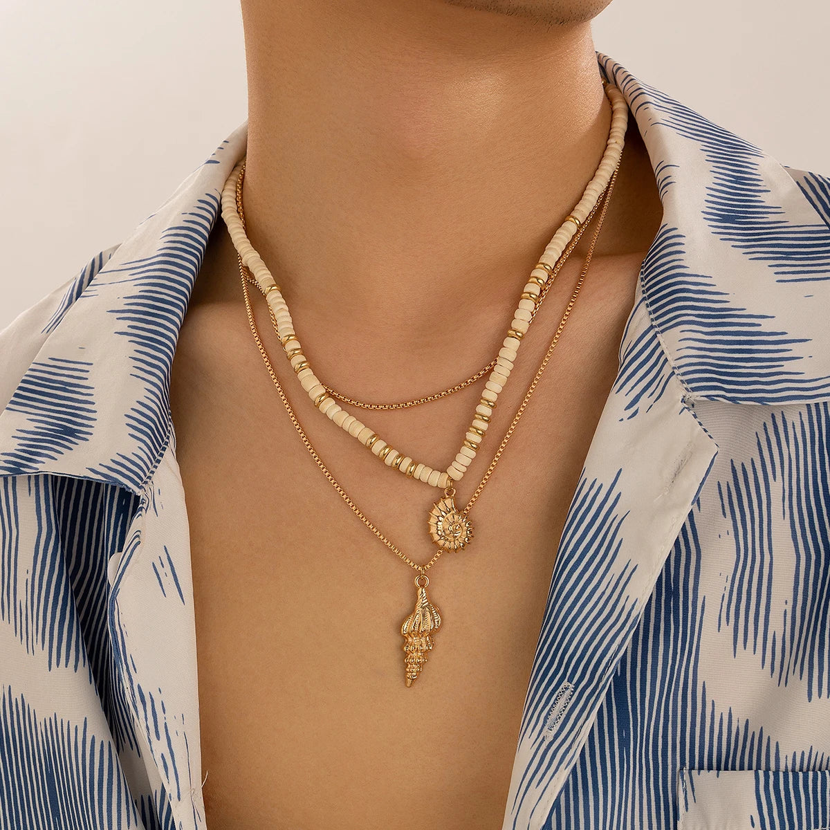 3 Pieces Trendy Stacked Box Chain Coconut Husk Conch Pendant Necklace Set for Men Street Choker Accessories Fashion Jewelry Gift