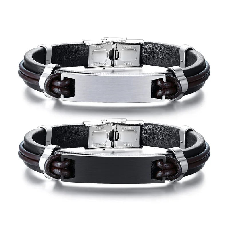 Vintage Hip-hop 316L Stainless Steel Plain Plate Engraved Logo Genuine Leather Bracelet Jewelry for Men Bangle