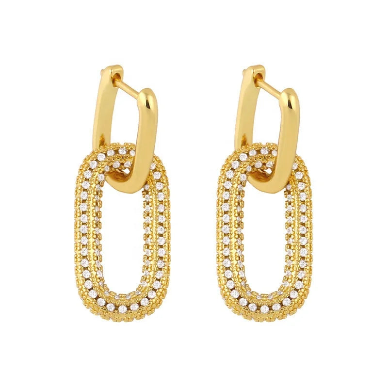 Wholesale Hot Sale Fashion Jewelry 18k Gold Plated Brass U-shape Earrings Full Drill Zircon Oval Hoop Drop Earrings for Women