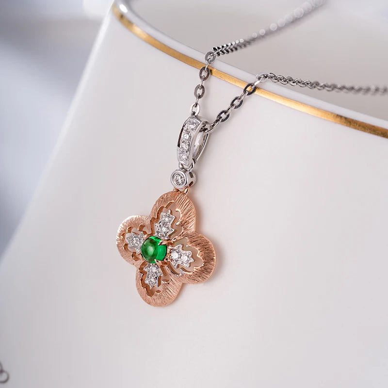 Vintage Fashion Design Natural Emerald Gemstone Solid 18k Gold Natural Diamond Pendant Jewelry for Girls
