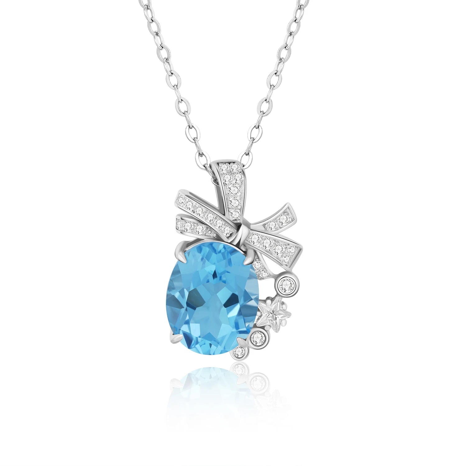 YBO Women's Luxury S925 Silver Necklaces with Natural Blue Topaz Trendy Bowknot Pentagram Pendants for Weddings and Engagements
