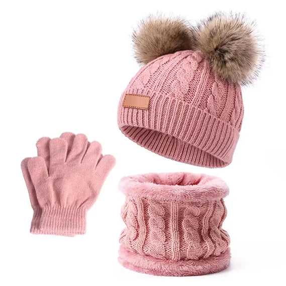 Wholesale 3 Pieces Kids Hat Scarf Gloves Set Winter Knit Beanies Hats and Fleece Lined Neck Warmer