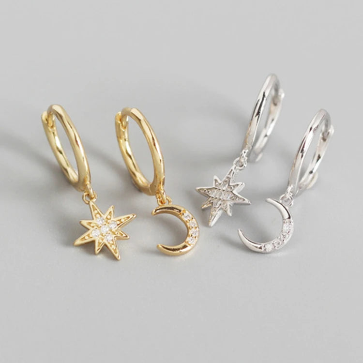 Star and Moon Hoop Female Earrings European Huggie Hinged Hoop Earrings